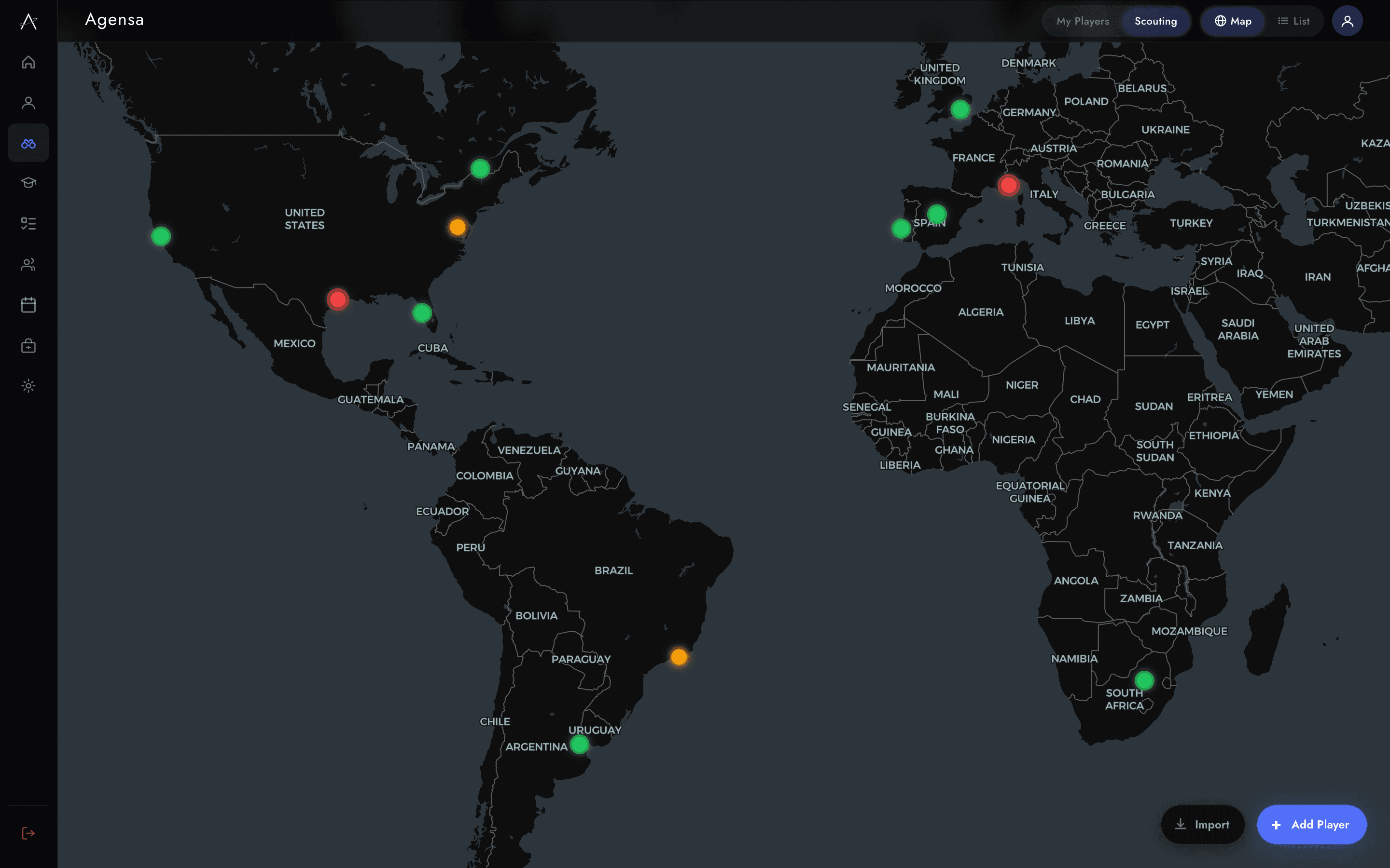 The Agensa map view: every tracked player plotted worldwide as a colour-coded pin
