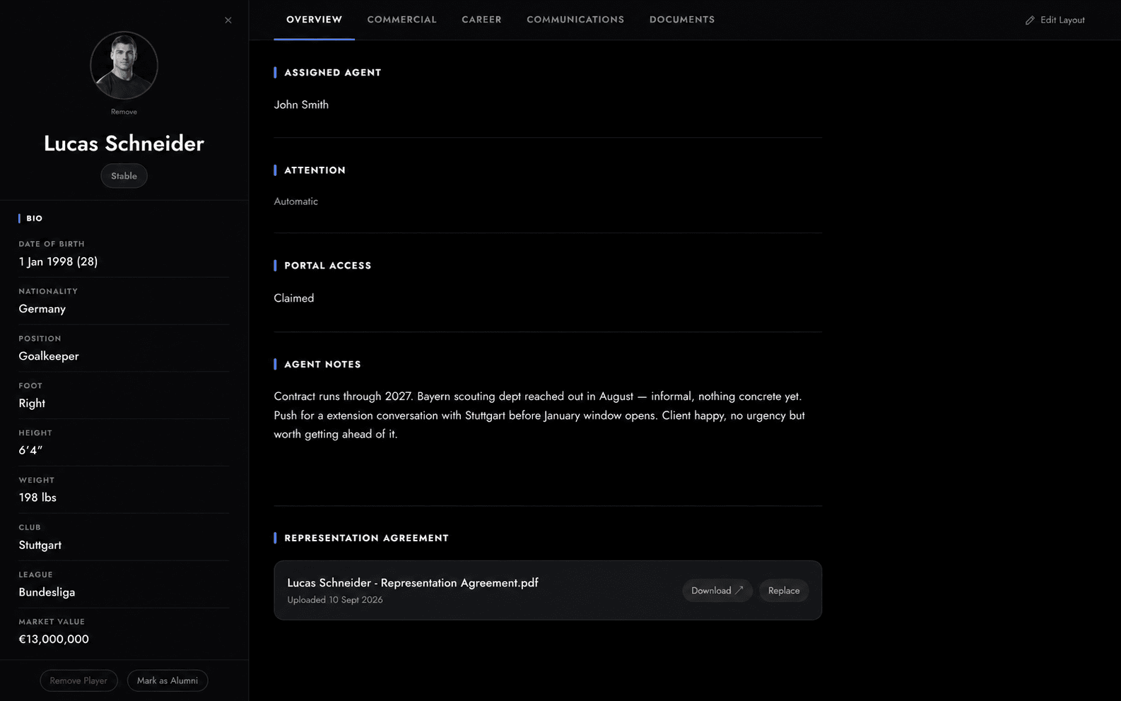 The Agensa player dashboard — bio, representation and communications for one player in a single view